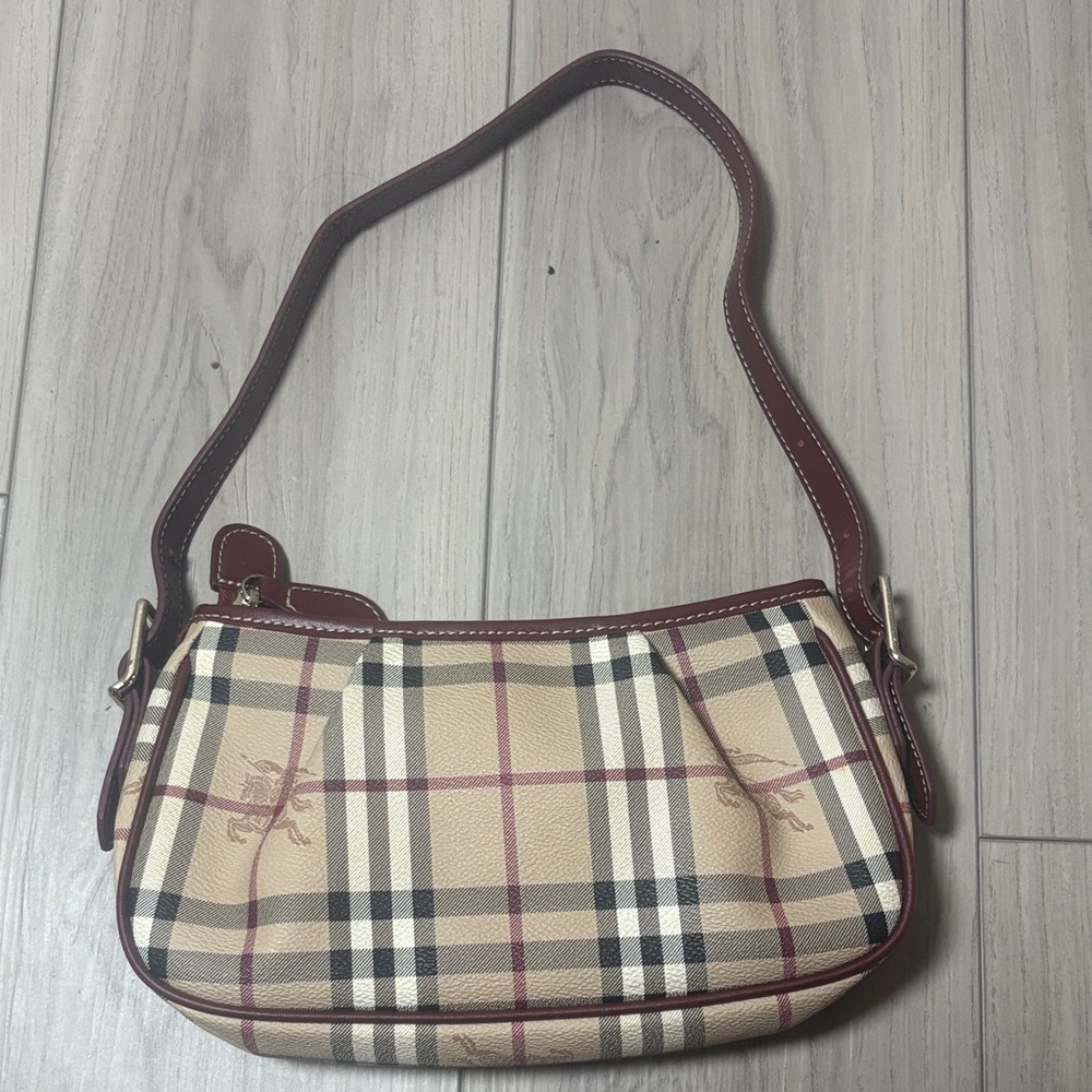 Burberry Beige and Burgundy Plaid Shoulder Bag